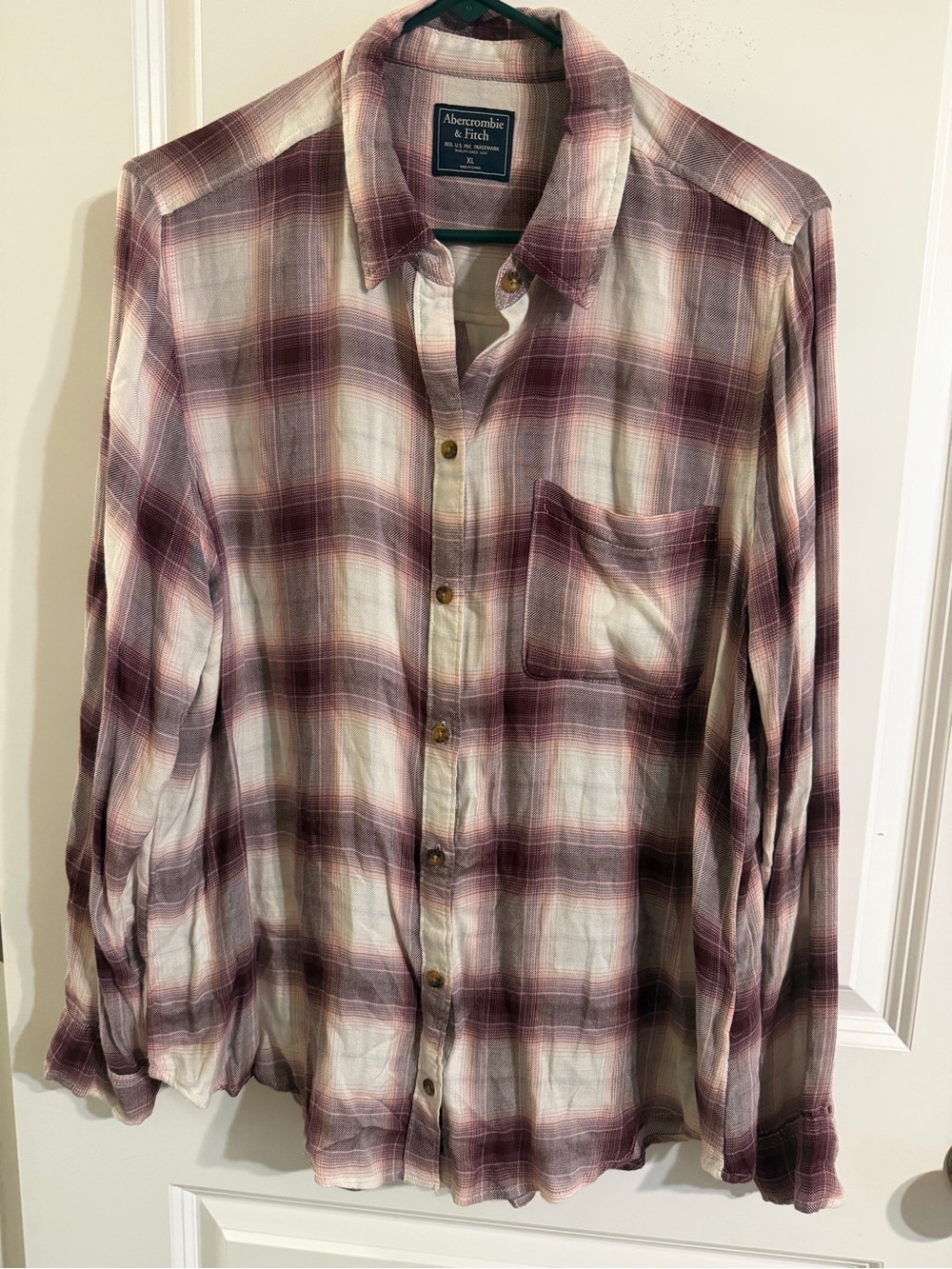 Abercrombie & Fitch Women's Plum and White Plaid Button-Down Shirt